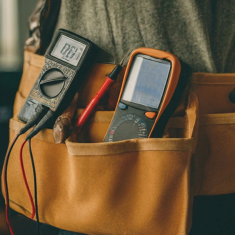 A man stands holding a tool bag, showcasing a multimeter and various other tools for electrical work